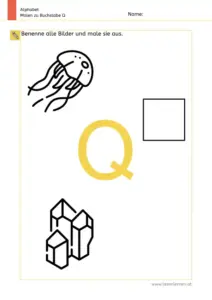 Arbeitsblatt: Buchstabe Q – Bildern benennen und ausmalen