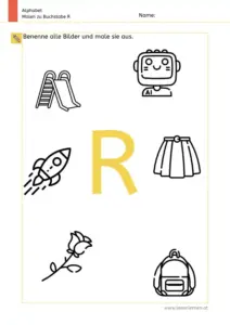 Arbeitsblatt: Buchstabe R – Bildern benennen und ausmalen