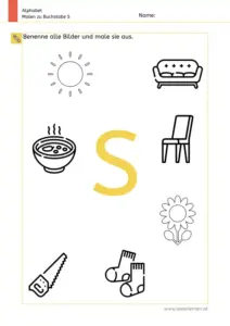 Arbeitsblatt: Buchstabe S – Bildern benennen und ausmalen