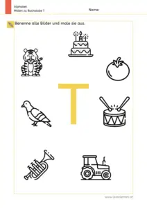 Arbeitsblatt: Buchstabe T – Bildern benennen und ausmalen