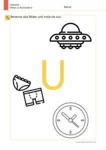 Arbeitsblatt: Buchstabe U – Bildern benennen und ausmalen