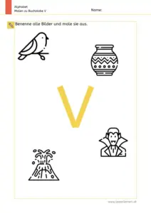 Arbeitsblatt: Buchstabe V – Bildern benennen und ausmalen