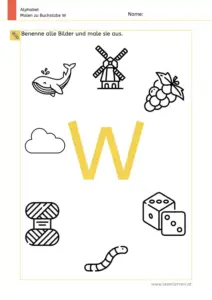 Arbeitsblatt: Buchstabe W – Bildern benennen und ausmalen