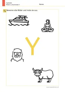 Arbeitsblatt: Buchstabe Y – Bildern benennen und ausmalen
