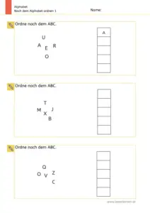 Arbeitsblatt: Nach Alphabet ordnen – 1. Klasse Nr. 1