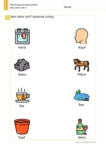 Arbeitsblatt: Was reimt sich? - Reimwörter verbinden zur Förderung der phonologischen Bewusstheit in der Vorschule Nr. 3