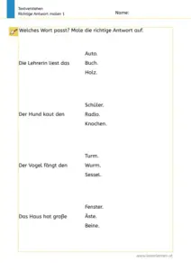 Leselern-Arbeitsblatt mit der Aufgabe „Welches Wort passt? Male die richtige Antwort auf.“ Vier Satzanfänge stehen links („Die Lehrerin liest das …“, „Der Hund kaut den …“, „Der Vogel fängt den …“, „Das Haus hat große …“). Rechts stehen jeweils drei Antwortwörter zum Ausmalen: Auto/Buch/Holz; Schüler/Radio/Knochen; Turm/Wurm/Sessel; Fenster/Äste/Beine.
