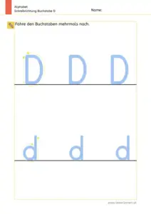 Arbeitsblatt: Schreibrichtung üben - Groß- und Kleinbuchstabe D und d im Vergleich
