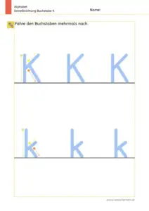 Arbeitsblatt: Schreibrichtung üben - Groß- und Kleinbuchstabe K und k im Vergleich