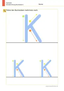 Arbeitsblatt: Schreibrichtung üben - Großbuchstabe K mit Pfeilen zum Nachspuren