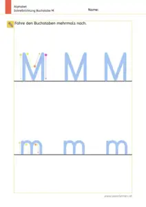 Arbeitsblatt: Schreibrichtung üben - Groß- und Kleinbuchstabe M und m im Vergleich