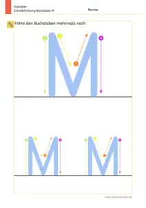 Arbeitsblatt: Schreibrichtung üben - Großbuchstabe M mit Pfeilen zum Nachspuren