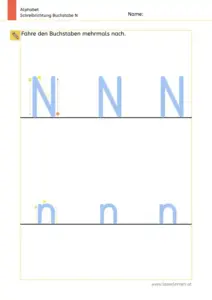Arbeitsblatt: Schreibrichtung üben - Groß- und Kleinbuchstabe N und n im Vergleich