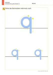 Arbeitsblatt: Schreibrichtung üben - Kleinbuchstabe q mit Pfeilen zum Nachspuren