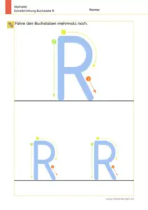 Arbeitsblatt: Schreibrichtung üben - Großbuchstabe R mit Pfeilen zum Nachspuren