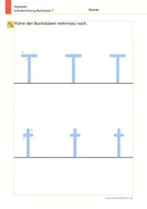 Arbeitsblatt: Schreibrichtung üben - Groß- und Kleinbuchstabe T und t im Vergleich