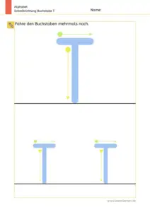 Arbeitsblatt: Schreibrichtung üben - Großbuchstabe T mit Pfeilen zum Nachspuren