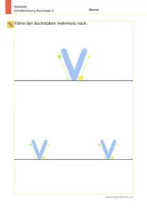Arbeitsblatt: Schreibrichtung üben - Kleinbuchstabe v mit Pfeilen zum Nachspuren