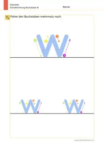 Arbeitsblatt: Schreibrichtung üben - Kleinbuchstabe w mit Pfeilen zum Nachspuren