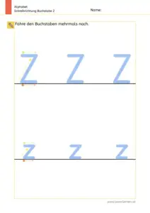 Arbeitsblatt: Schreibrichtung üben - Groß- und Kleinbuchstabe Z und z im Vergleich
