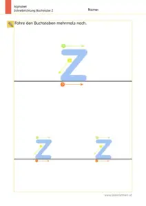 Arbeitsblatt: Schreibrichtung üben - Kleinbuchstabe z mit Pfeilen zum Nachspuren
