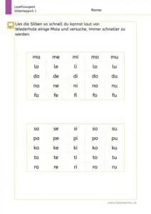 Arbeitsblatt „Leseflüssigkeit – Silbenteppich 1“ (1. Klasse): Kinder lesen offene Silben (ma–mu, la–lu, sa–su, ka–ku usw.) laut und wiederholt, um Silbenlesen zu automatisieren.