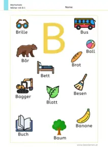 Arbeitsblatt Wortschatz: Wörter mit Buchstabe B mit Bildern kennenlernen – 1. Klasse