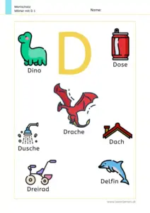 Arbeitsblatt Wortschatz: Wörter mit Buchstabe D mit Bildern kennenlernen – 1. Klasse