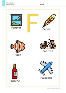 Arbeitsblatt Wortschatz: Wörter mit Buchstabe F mit Bildern kennenlernen – 1. Klasse