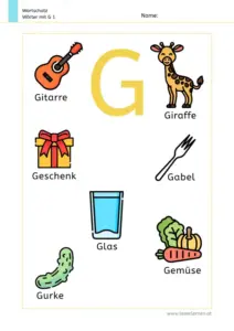 Arbeitsblatt Wortschatz: Wörter mit Buchstabe G mit Bildern kennenlernen – 1. Klasse