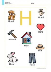Arbeitsblatt Wortschatz: Wörter mit Buchstabe H mit Bildern kennenlernen – 1. Klasse