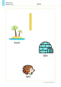 Arbeitsblatt Wortschatz: Wörter mit Buchstabe I mit Bildern kennenlernen – 1. Klasse