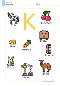 Arbeitsblatt Wortschatz: Wörter mit Buchstabe K mit Bildern kennenlernen – 1. Klasse