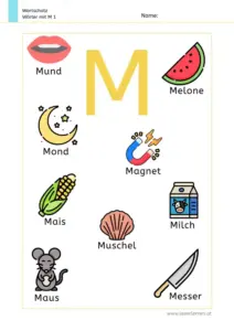 Arbeitsblatt Wortschatz: Wörter mit Buchstabe M mit Bildern kennenlernen – 1. Klasse