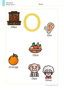 Arbeitsblatt Wortschatz: Wörter mit Buchstabe O mit Bildern kennenlernen – 1. Klasse