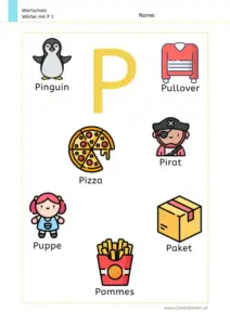 Arbeitsblatt Wortschatz: Wörter mit Buchstabe P mit Bildern kennenlernen – 1. Klasse