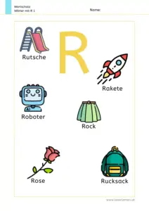 Arbeitsblatt Wortschatz: Wörter mit Buchstabe R mit Bildern kennenlernen – 1. Klasse
