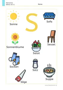 Arbeitsblatt Wortschatz: Wörter mit Buchstabe S mit Bildern kennenlernen – 1. Klasse