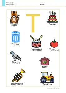 Arbeitsblatt Wortschatz: Wörter mit Buchstabe T mit Bildern kennenlernen – 1. Klasse