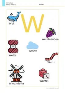Arbeitsblatt Wortschatz: Wörter mit Buchstabe W mit Bildern kennenlernen – 1. Klasse