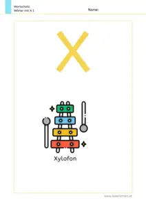 Arbeitsblatt Wortschatz: Wörter mit Buchstabe X mit Bildern kennenlernen – 1. Klasse