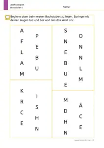 Arbeitsblatt „Leseflüssigkeit – Wortsäulen 1“ (1. Klasse): Kinder lesen Wörter aus vertikalen Buchstabensäulen (z. B. Apfelbaum, Sonnenblume, Kirschen, Mädchen) und üben Blicksprünge für flüssiges Lesen.