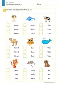 Arbeitsblatt „Textverstehen – Richtiges Wort ankreuzen 1“: Kinder kreuzen zu Tierbildern das richtige Wort an (Hund, Fisch, Kuh, Kamel, Eule, Wal, Tiger, Maus, Bär).