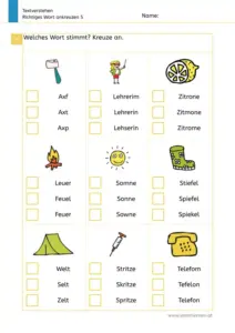 Arbeitsblatt „Textverstehen – Richtiges Wort ankreuzen 5“: Kinder kreuzen zu Bildern das passende Wort an (Axt, Lehrerin, Zitrone, Feuer, Sonne, Stiefel, Zelt, Spritze, Telefon).