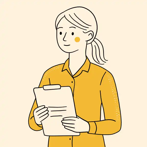 Illustration einer Lehrerin mit Klemmbrett für ein Lautleseprotokoll zur Leseflüssigkeit.