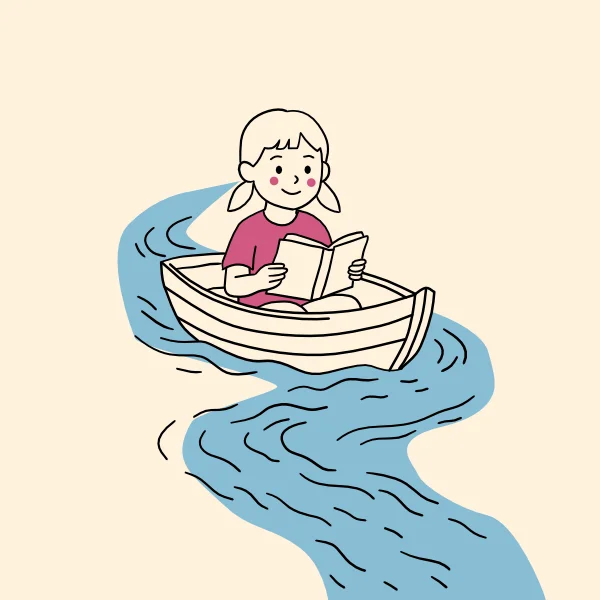 Mädchen sitzt im Boot und liest ein Buch – Symbolbild flüssig lesen lernen