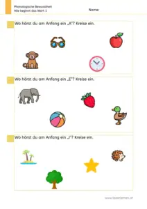 Arbeitsblatt: Anlaute hören und einkreisen (A, E, I) - Übung zur phonologischen Bewusstheit für die 1. Klasse