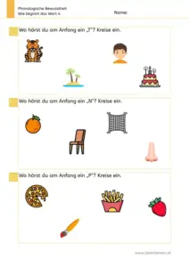 Arbeitsblatt: Anlaute hören und einkreisen (T, N, P) - Übung zur phonologischen Bewusstheit für die 1. Klasse