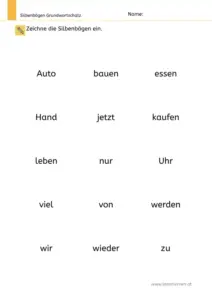 Arbeitsblatt: Silbenbögen malen bei Wörtern zum Grundwortschatz - Leseübung für die 1. Klasse, Nr. 2