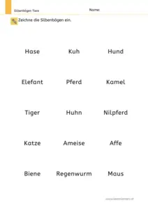 Arbeitsblatt: Silbenbögen malen bei Wörtern zu Tieren - Leseübung für die 1. Klasse